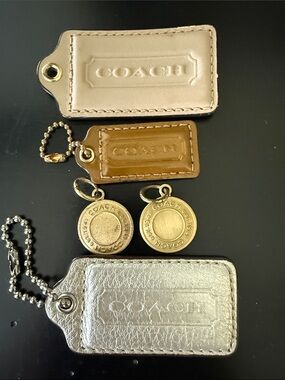 Coach Leather and Metallic Tag Set in Beige, Tan & Metallic